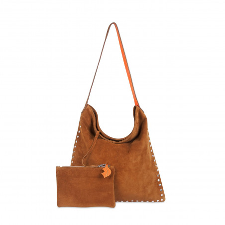 Camel leather tote bag LOVELY, orange handles, and silver studs, front view with pouch | Gloria Balensi