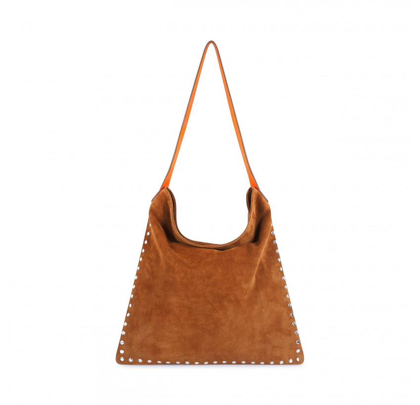 Camel leather tote bag LOVELY, orange handles, and silver studs, front view | Gloria Balensi