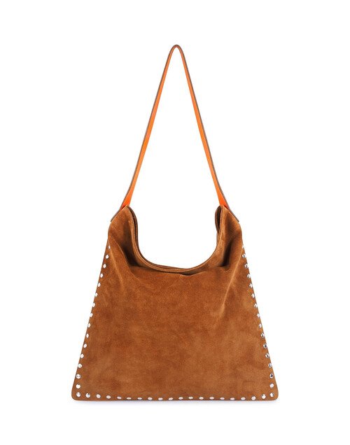 Tote bag cuir camel LOVELY, anses orange et clous argent |Gloria Balensi
