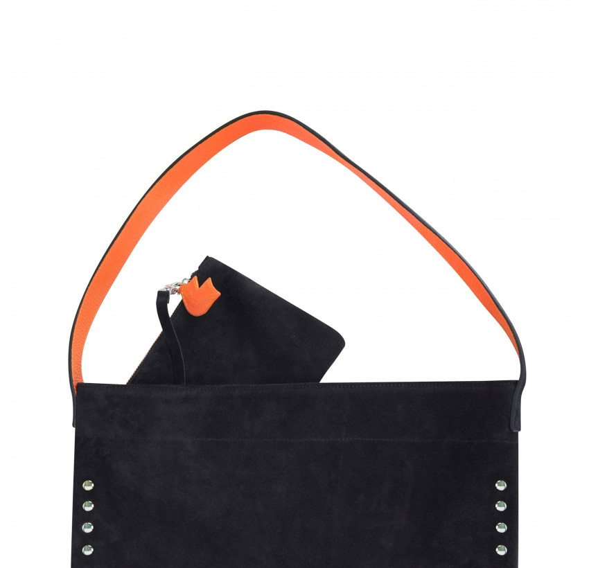 Tote bag cuir noir LOVELY, anses oranges et clous argent, zoom détails| Gloria Balensi