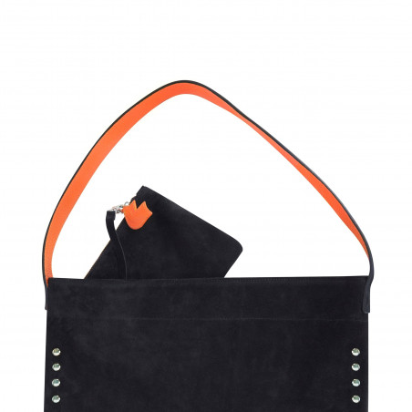 Tote bag cuir noir LOVELY, anses oranges et clous argent, zoom détails| Gloria Balensi
