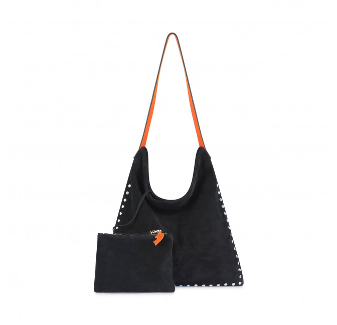 Black leather tote bag LOVELY, orange handles, and silver studs, front view with pouch | Gloria Balensi