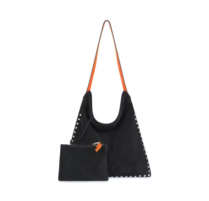 Tote bag cuir noir LOVELY, anses orange et clous argent |Gloria Balensi