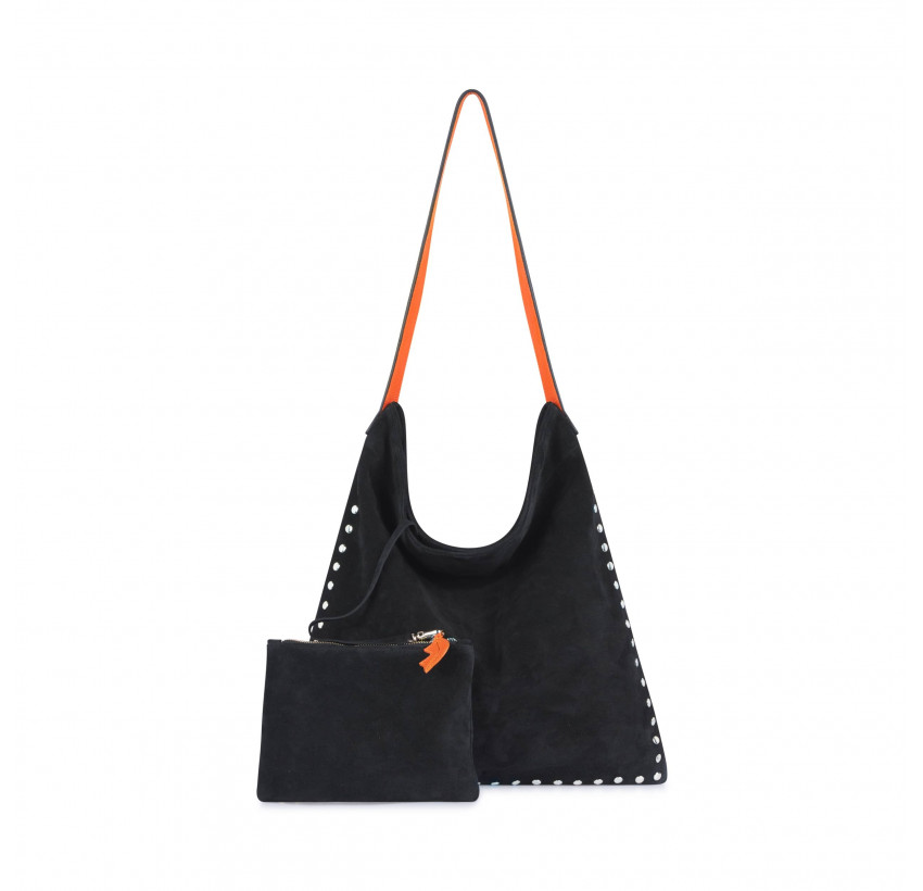 Tote bag cuir noir LOVELY, anses oranges et clous argent, vue de face avec pochette| Gloria Balensi