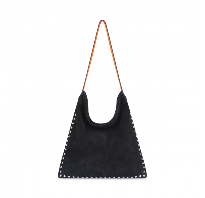 Black leather tote bag LOVELY, orange handles, and silver studs, front view | Gloria Balensi