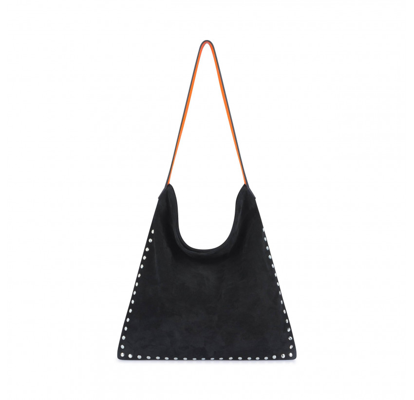 Black leather tote bag LOVELY, orange handles, and silver studs, front view | Gloria Balensi