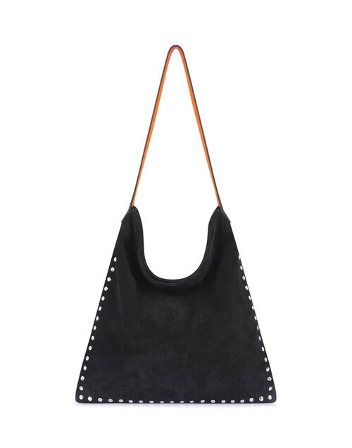 Tote bag cuir noir LOVELY, anses orange et clous argent |Gloria Balensi