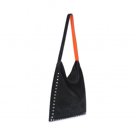 Black leather tote bag LOVELY, orange handles, and silver studs, profil view | Gloria Balensi
