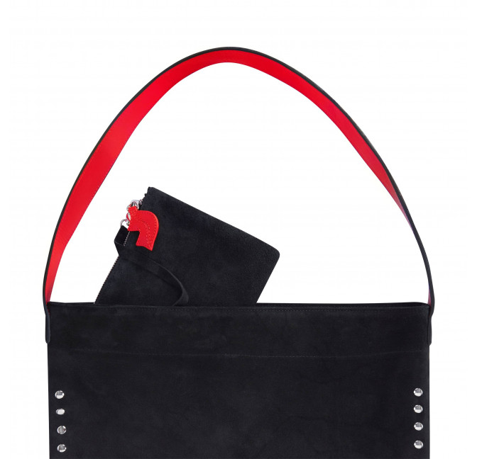 Tote bag cuir noir LOVELY, anses rouges et clous argent, zoom détails| Gloria Balensi