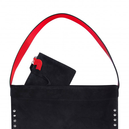 Black leather tote bag LOVELY, red handles, and silver studs, zoom details view | Gloria Balensi