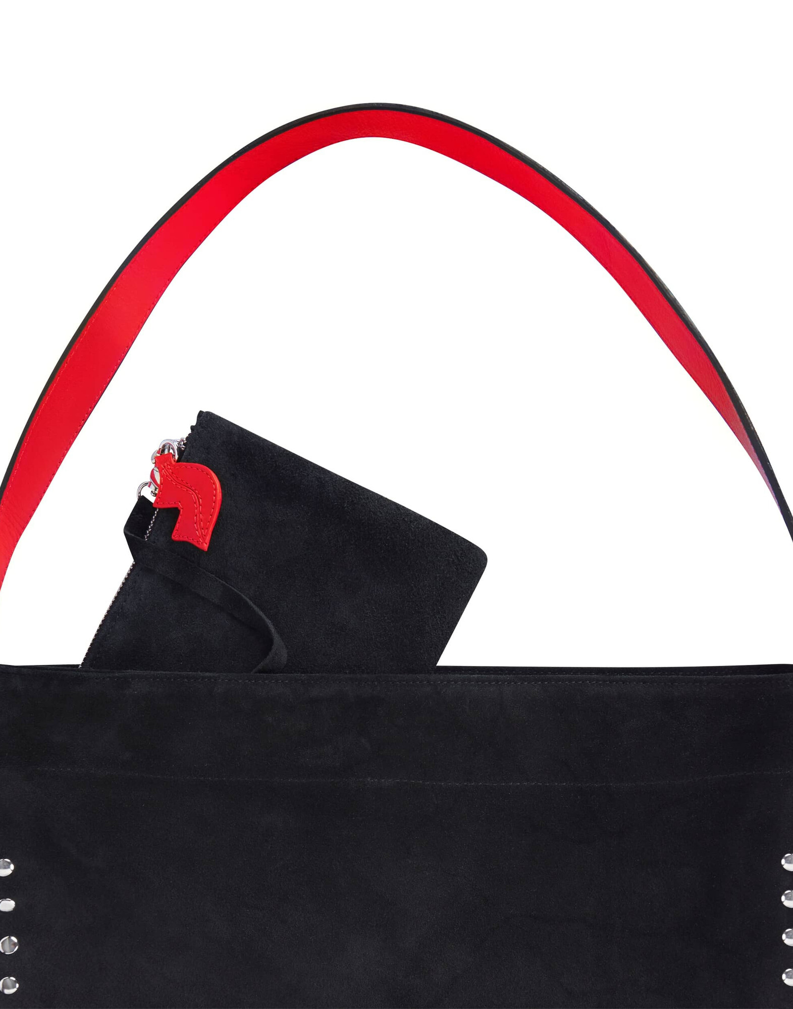 Black leather tote bag LOVELY, red handles, and silver studs |Gloria Balensi