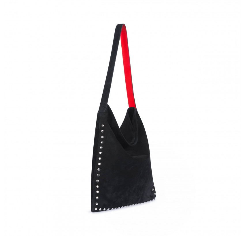 Black leather tote bag LOVELY, red handles, and silver studs, profil view | Gloria Balensi