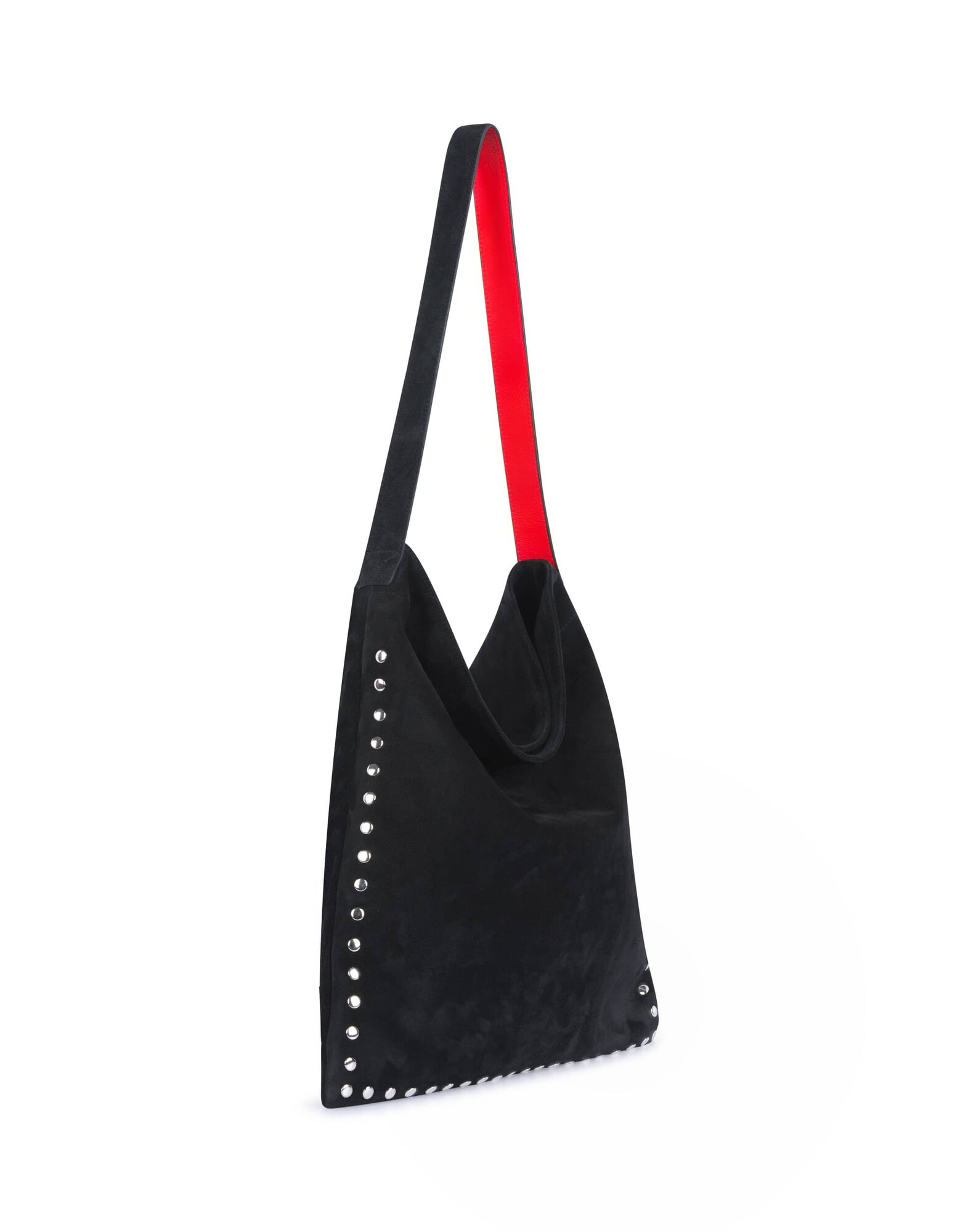 Black leather tote bag LOVELY, red handles, and silver studs |Gloria Balensi