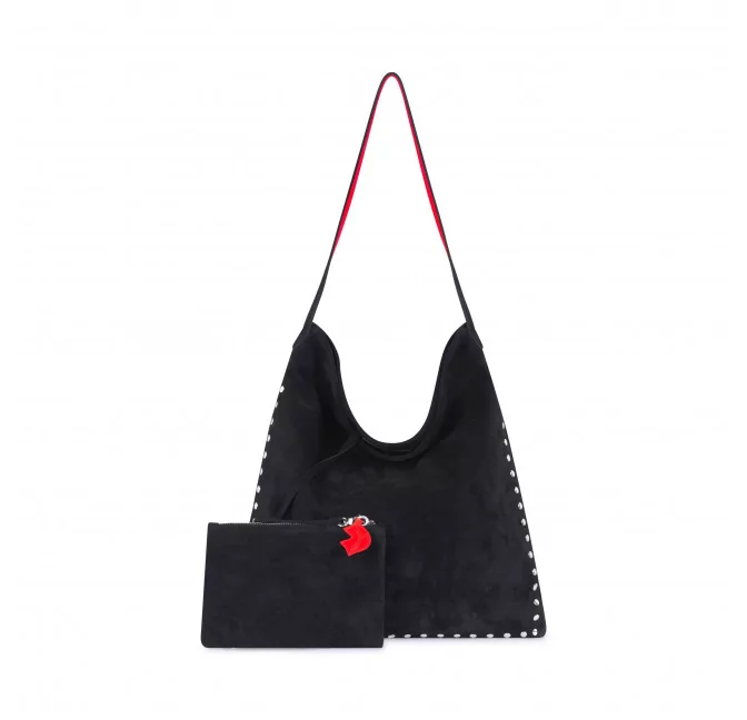 Black leather tote bag LOVELY, red handles, and silver studs |Gloria Balensi