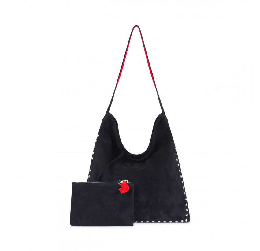 Tote bag cuir noir LOVELY, anses rouges et clous argent, vue de face avec pochette| Gloria Balensi