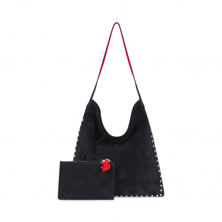 Black leather tote bag LOVELY, red handles, and silver studs, front view with pouch | Gloria Balensi