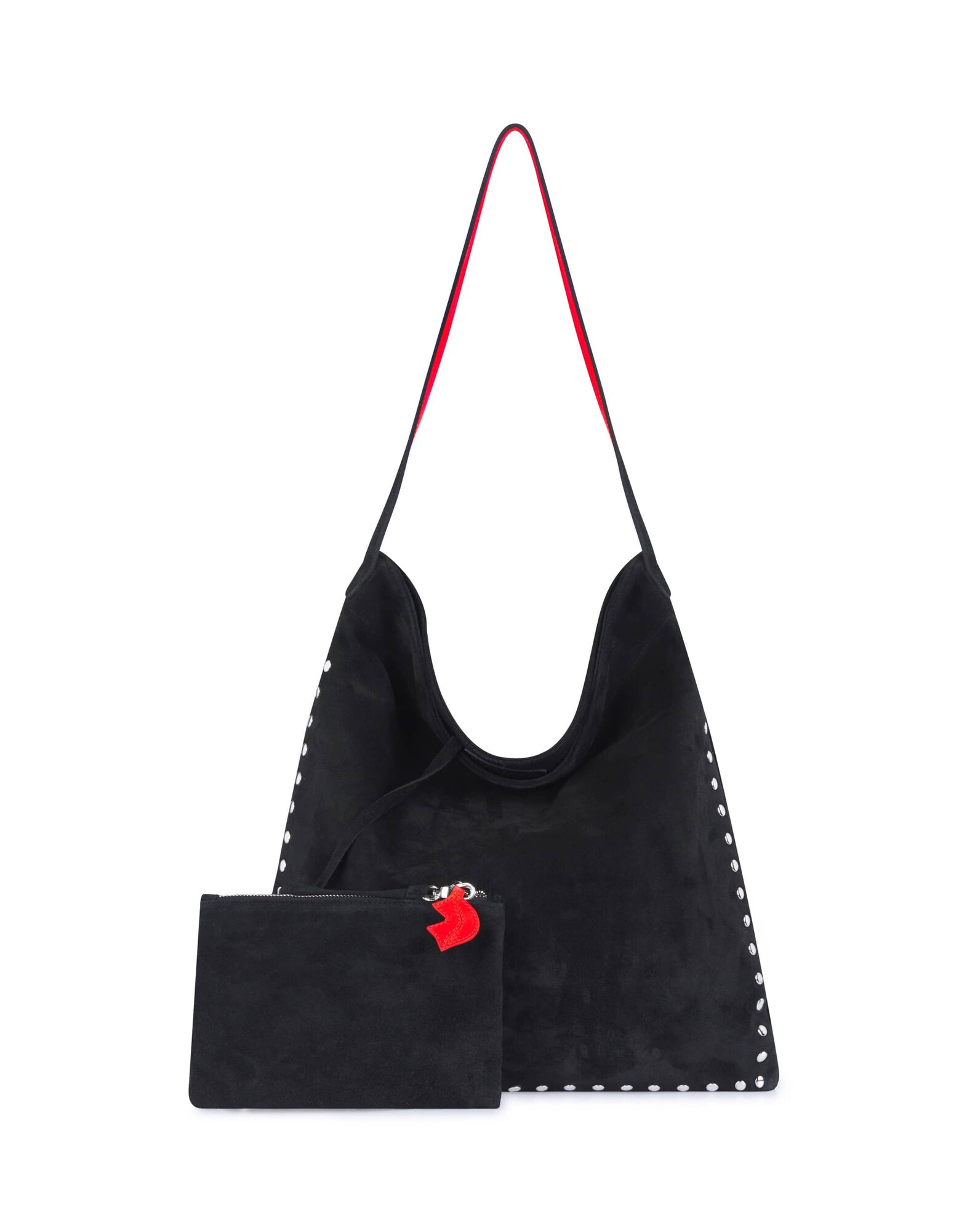 Black leather tote bag LOVELY, red handles, and silver studs |Gloria Balensi