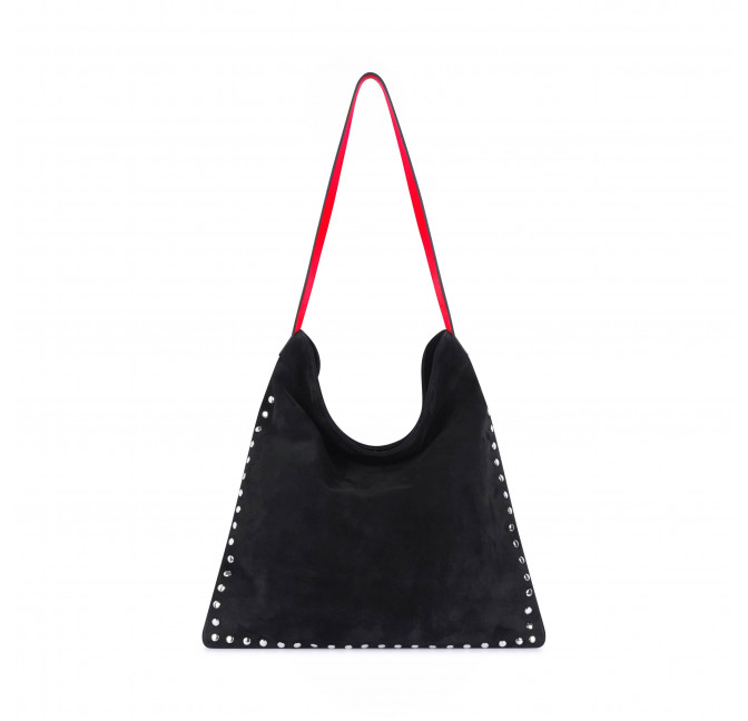 Black leather tote bag LOVELY, red handles, and silver studs, front view | Gloria Balensi