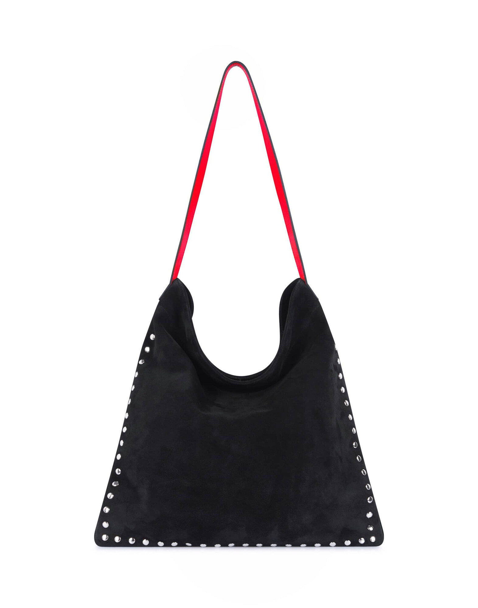 Black leather tote bag LOVELY, red handles, and silver studs |Gloria Balensi