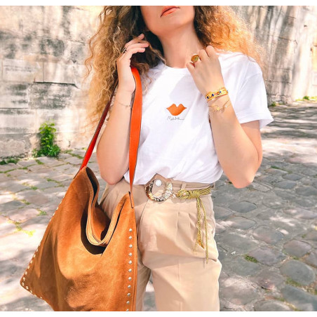 Tee-shirt blanc en coton biologique avec broderie Muse cuivre,  vue 3 | Gloria Balensi