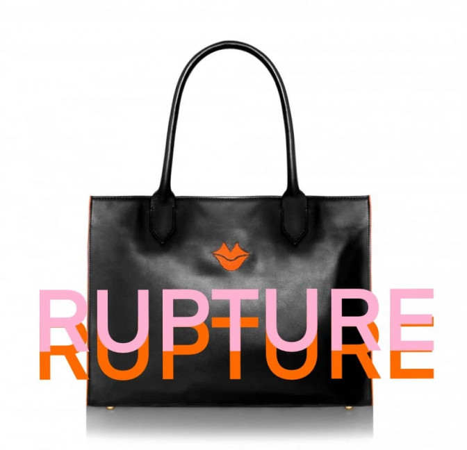 Black PARIS soft leather tote bag with oranges embroidered mouth and borders, front view|Gloria Balensi