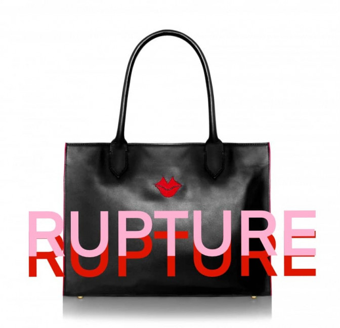 Black PARIS soft leather tote bag with red embroidered mouth and borders, front view |Gloria Balensi