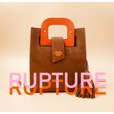 Camel beige suede leather bag ARTISTE, orange handle and mouth embroidery , view 1  | Gloria Balensi