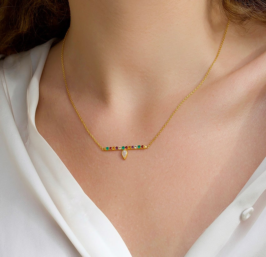 Collier chaine barrette OTTOMAN plaqué or avec pierres semi-précieuses serties | Gloria Balensi bijoux