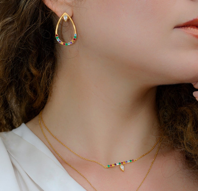 Collier chaine barrette OTTOMAN plaqué or avec pierres semi-précieuses serties| Gloria Balensi bijoux