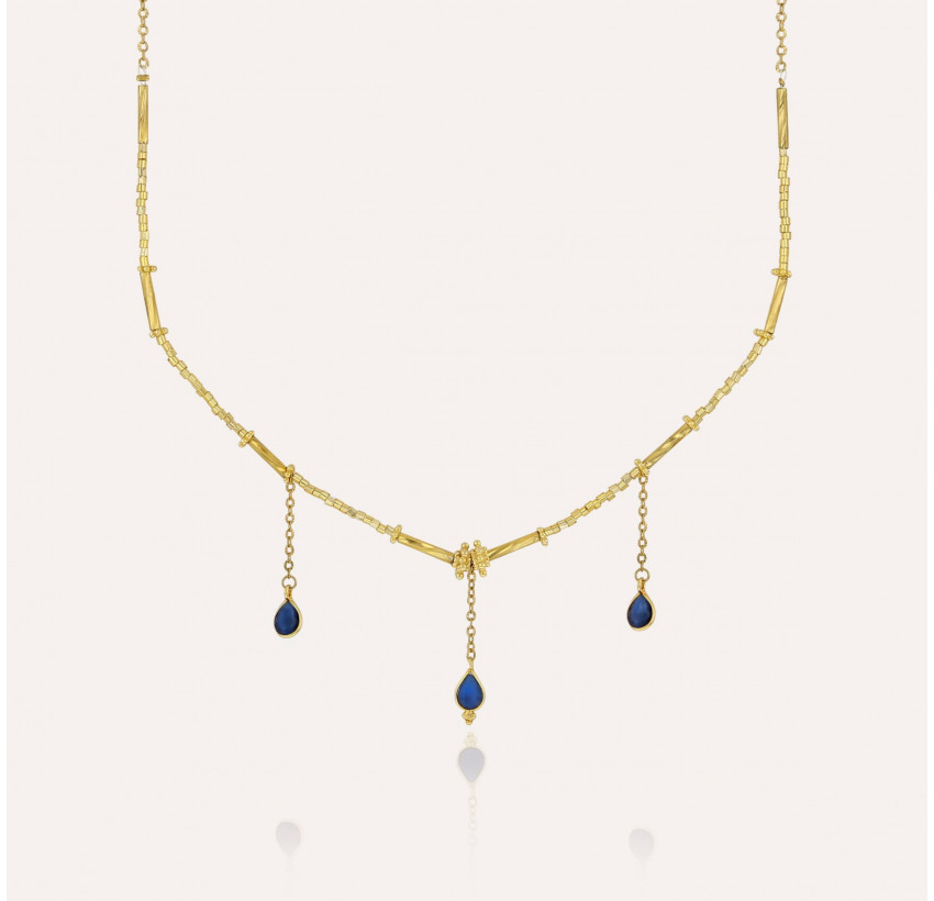 Collier doré VENEZIA en perles de verre de MURANO et agate bleue | Gloria Balensi