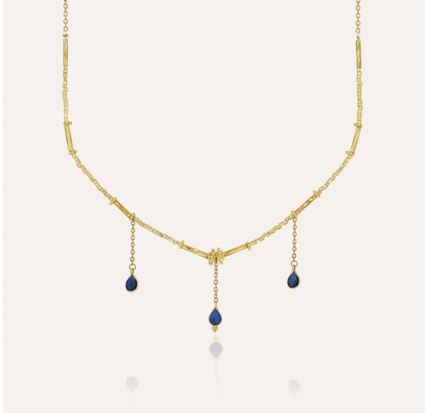 Collier doré VENEZIA en perles de verre de MURANO et agate bleue |Gloria Balensi