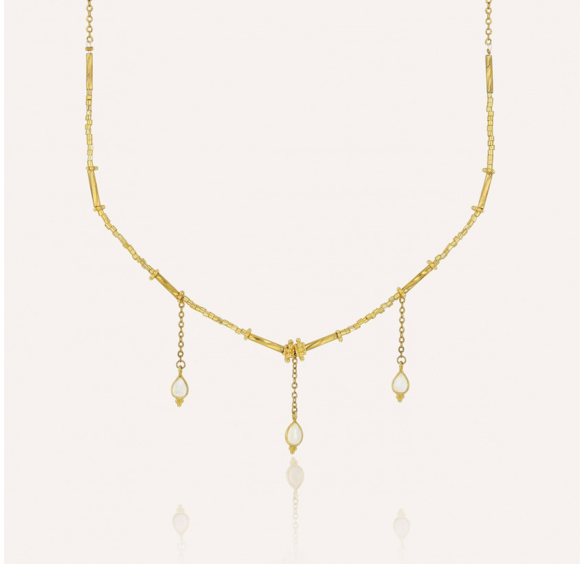 Collier doré VENEZIA en perles de verre de MURANO et pierre de lune| Gloria Balensi bijoux
