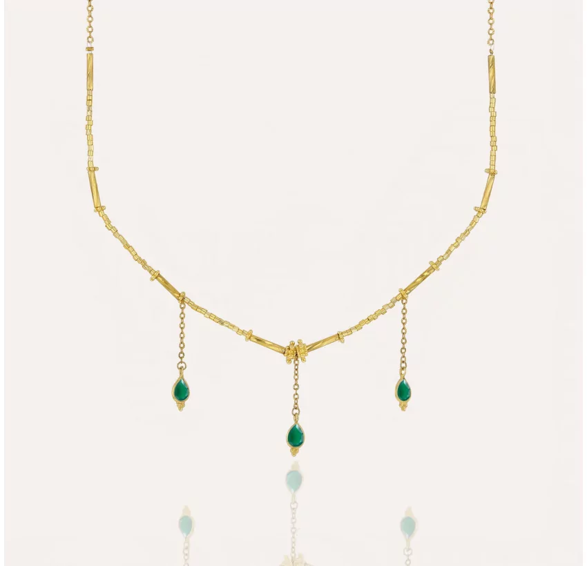 Collier doré VENEZIA en perles de verre de MURANO et Onyx vert |Gloria Balensi