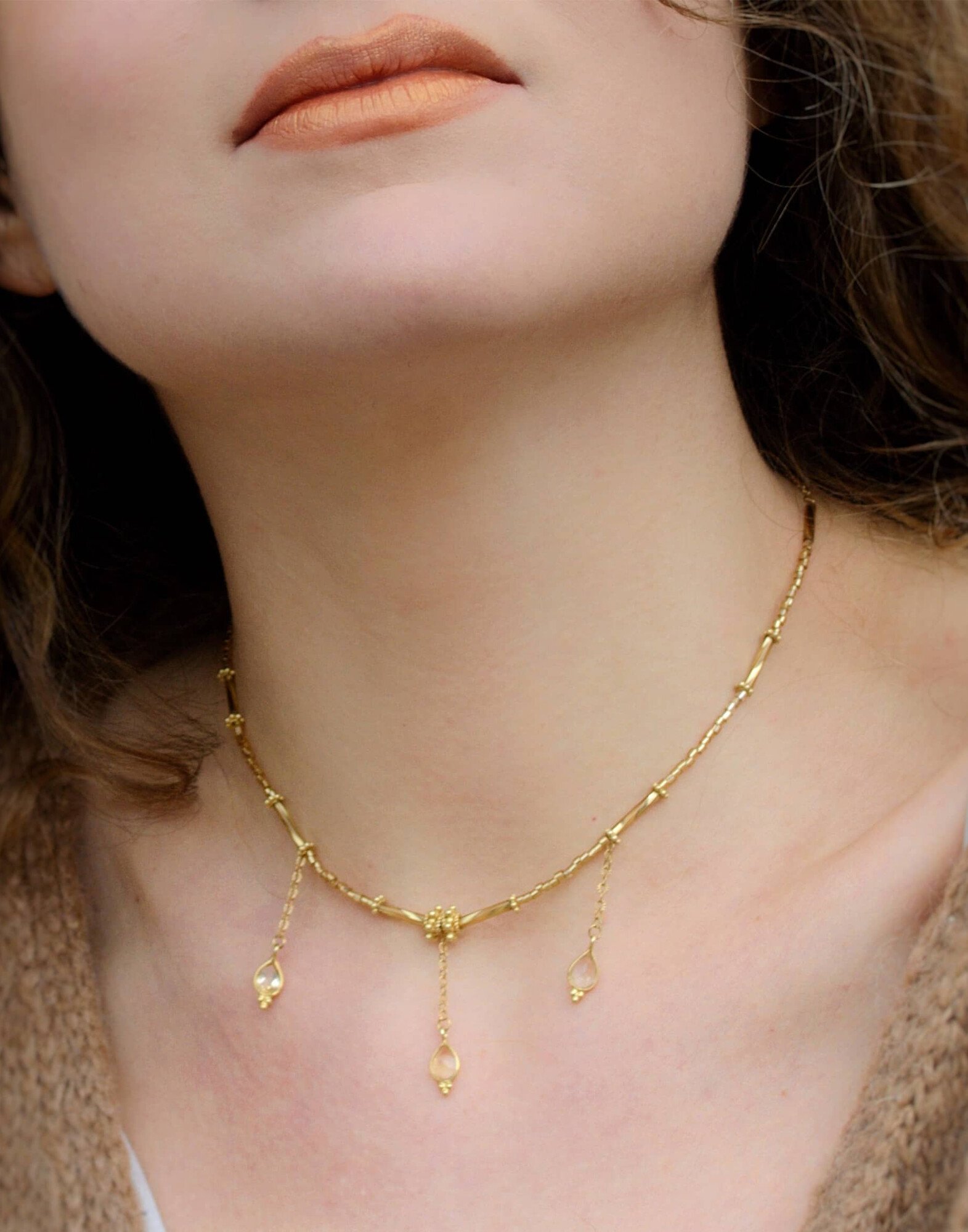 Collier doré VENEZIA en perles de verre de MURANO et aigue-marine |Gloria Balensi