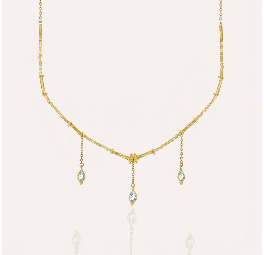 Collier doré VENEZIA en perles de verre de MURANO et aigue-marine | Gloria Balensi bijoux