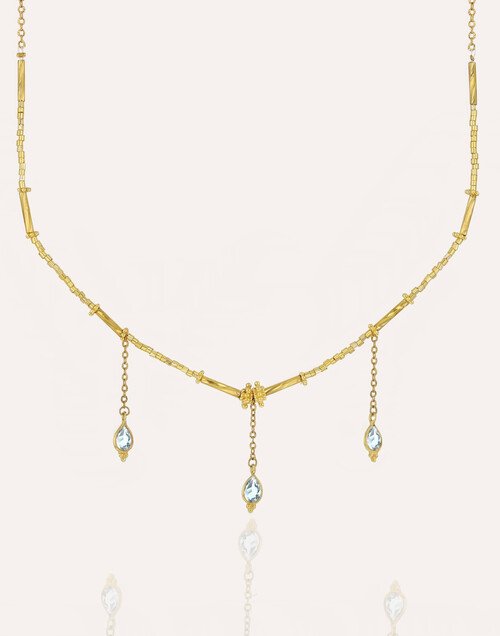 Collier doré VENEZIA en perles de verre de MURANO et aigue-marine |Gloria Balensi