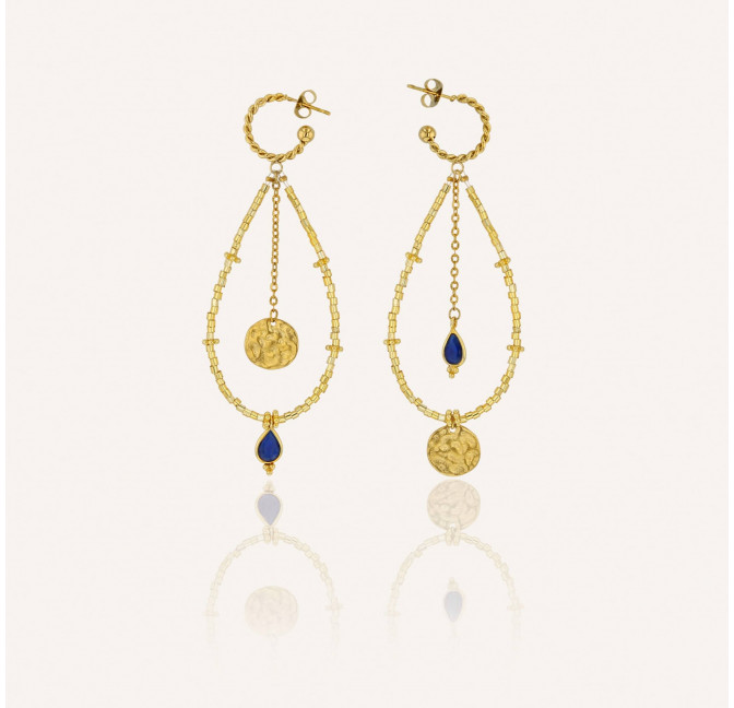 Boucles d'oreilles longues dorées PERLA en perles de verre de MURANO et agate bleue | Gloria Balensi bijoux