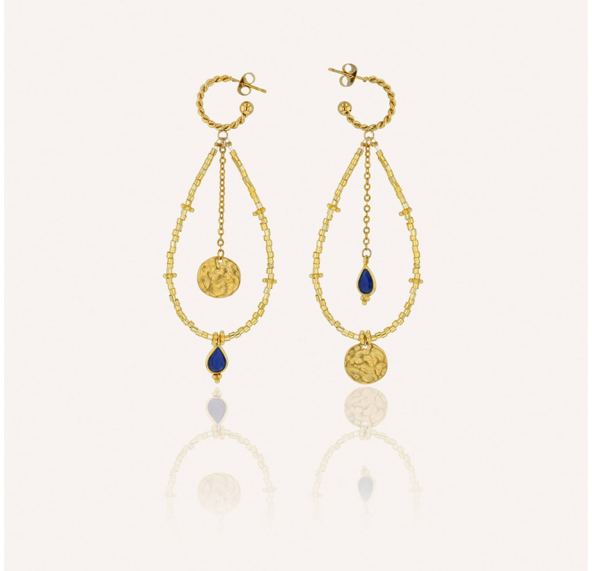 Boucles d'oreilles longues dorées PERLA en perles de verre de MURANO et agate bleue | Gloria Balensi