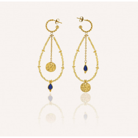 Boucles d'oreilles longues dorées PERLA en perles de verre de MURANO et agate bleue | Gloria Balensi bijoux