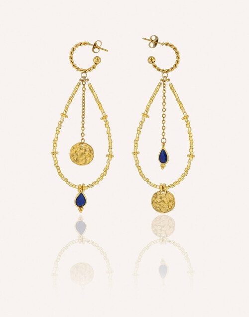 PERLA long gold earrings with MURANO glass beads and blue agate |Gloria Balensi