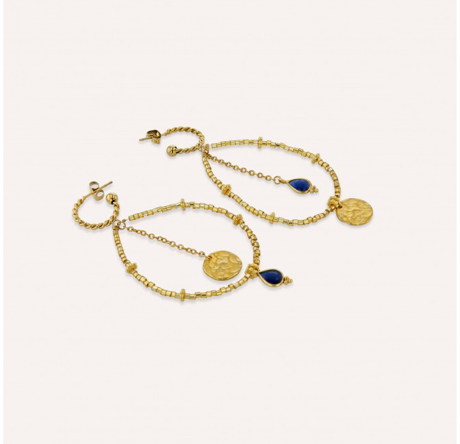 Boucles d'oreilles longues dorées PERLA en perles de verre de MURANO et agate bleue| Gloria Balensi bijoux
