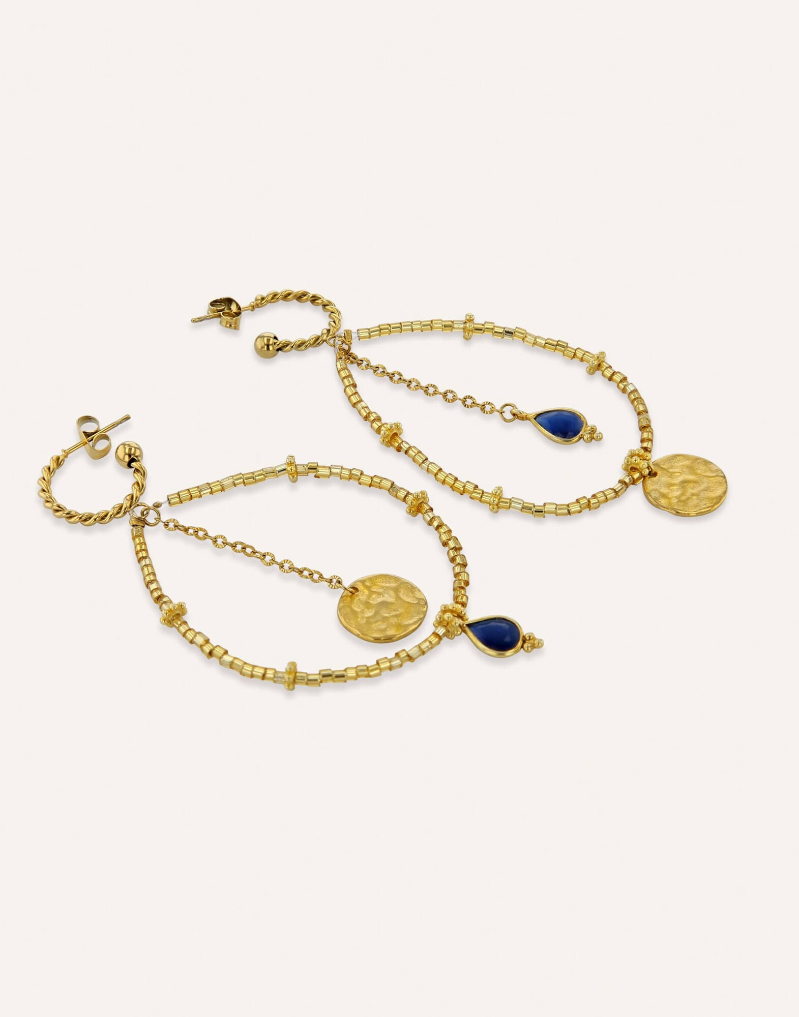 PERLA long gold earrings with MURANO glass beads and blue agate |Gloria Balensi