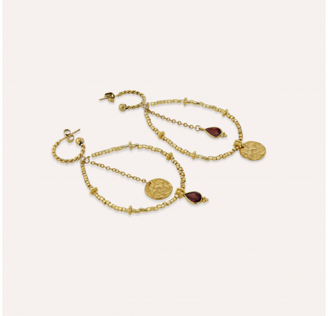 Boucles d'oreilles longues dorées PERLA en perles de verre de MURANO et grenat | Gloria Balensi bijoux