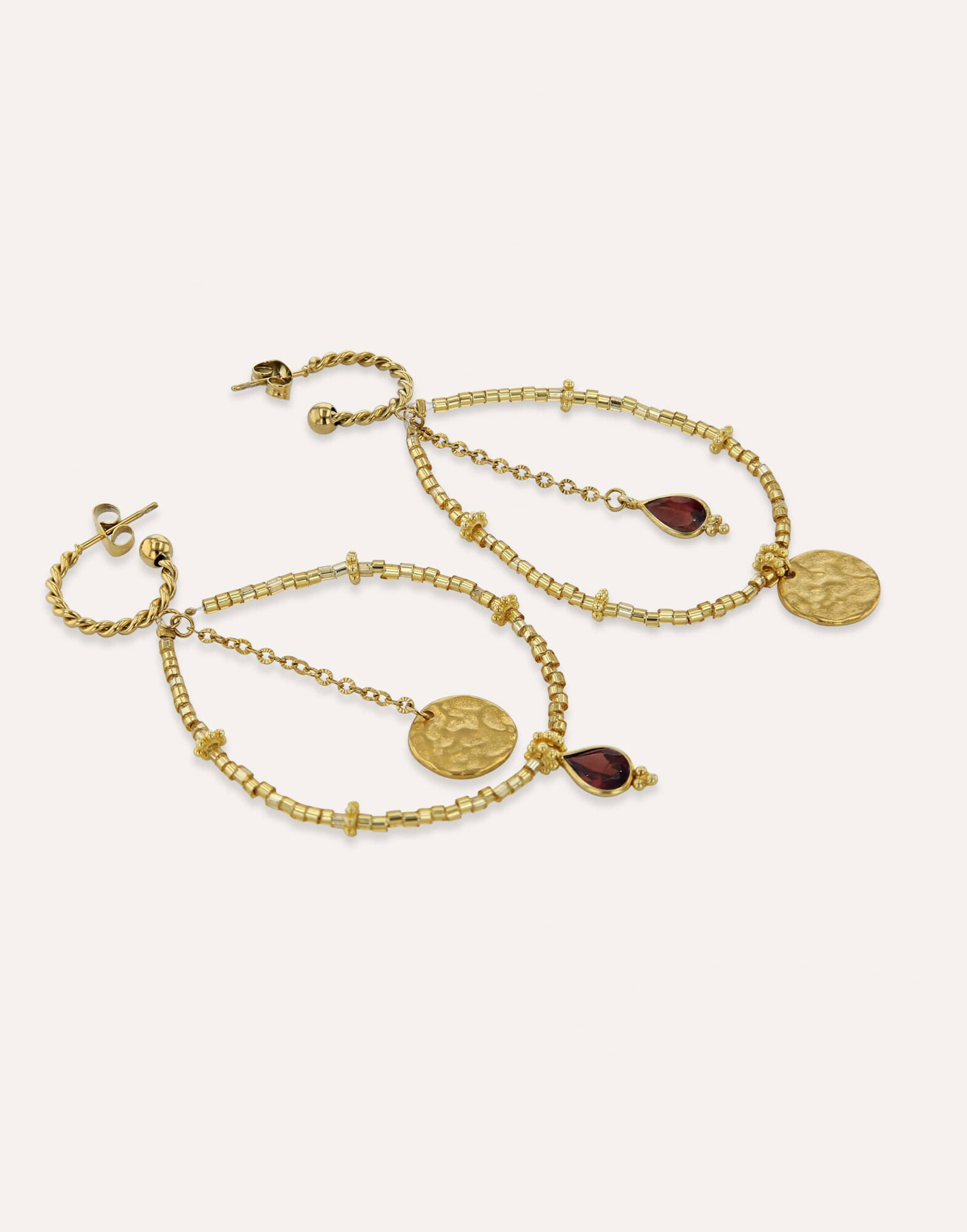 PERLA long gold earrings with MURANO glass beads and garnet |Gloria Balensi