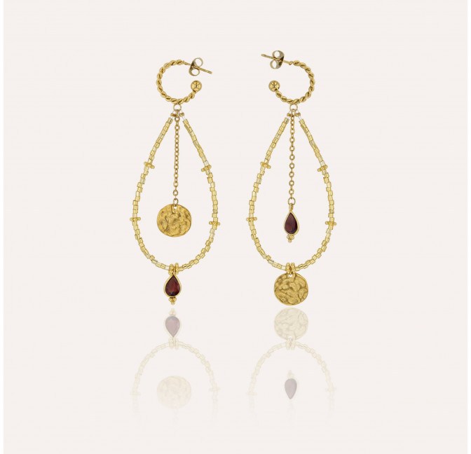 Boucles d'oreilles longues dorées PERLA en perles de verre de MURANO et grenat | Gloria Balensi