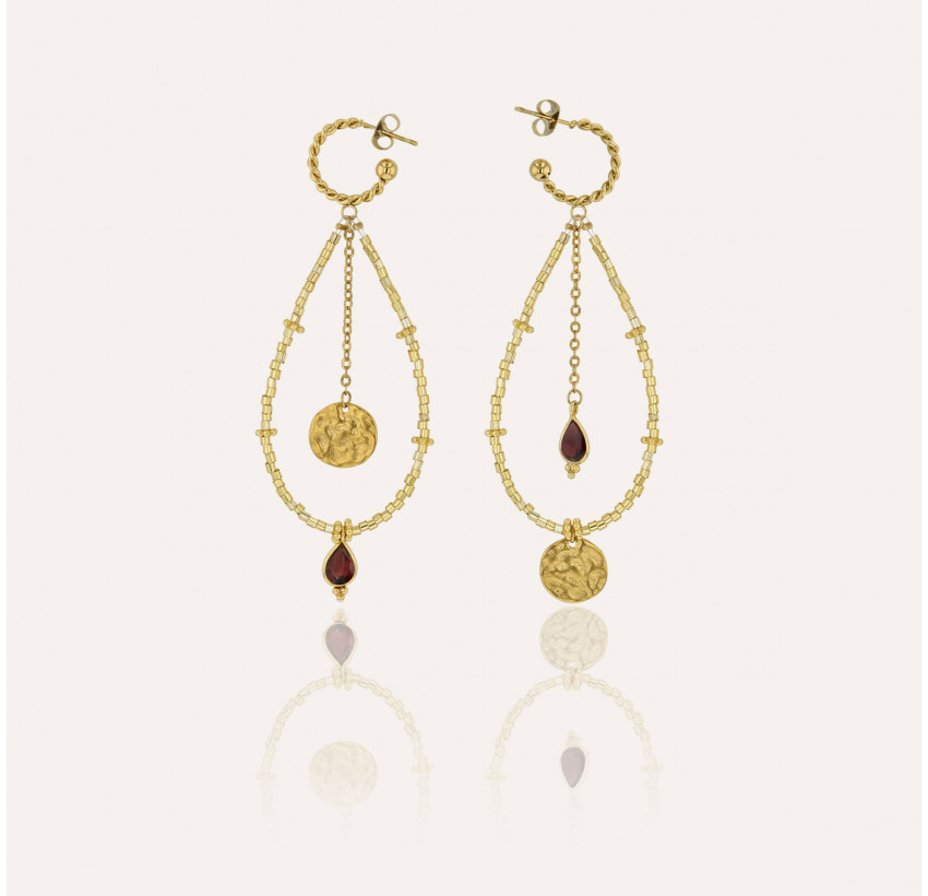 Boucles d'oreilles longues dorées PERLA en perles de verre de MURANO et grenat | Gloria Balensi