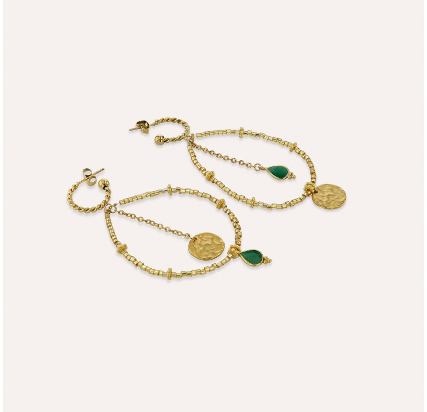 Boucles d'oreilles longues dorées PERLA en perles de verre de MURANO et onyx vert| Gloria Balensi bijoux