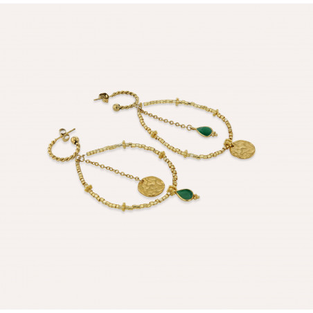 Boucles d'oreilles longues dorées PERLA en perles de verre de MURANO et onyx vert 2 | Gloria Balensi