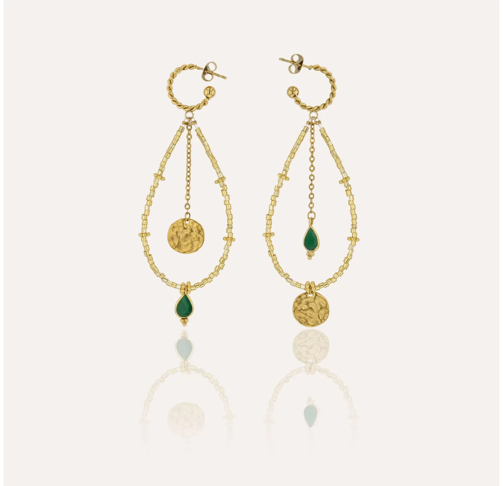 Boucles d'oreilles dorées PERLA en perles de verre de MURANO et onyx vert |Gloria Balensi