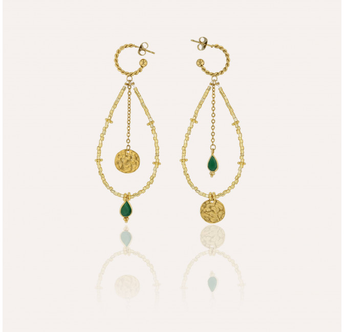 PERLA long gold earrings with MURANO glass beads and green onyx | Gloria Balensi jewellery